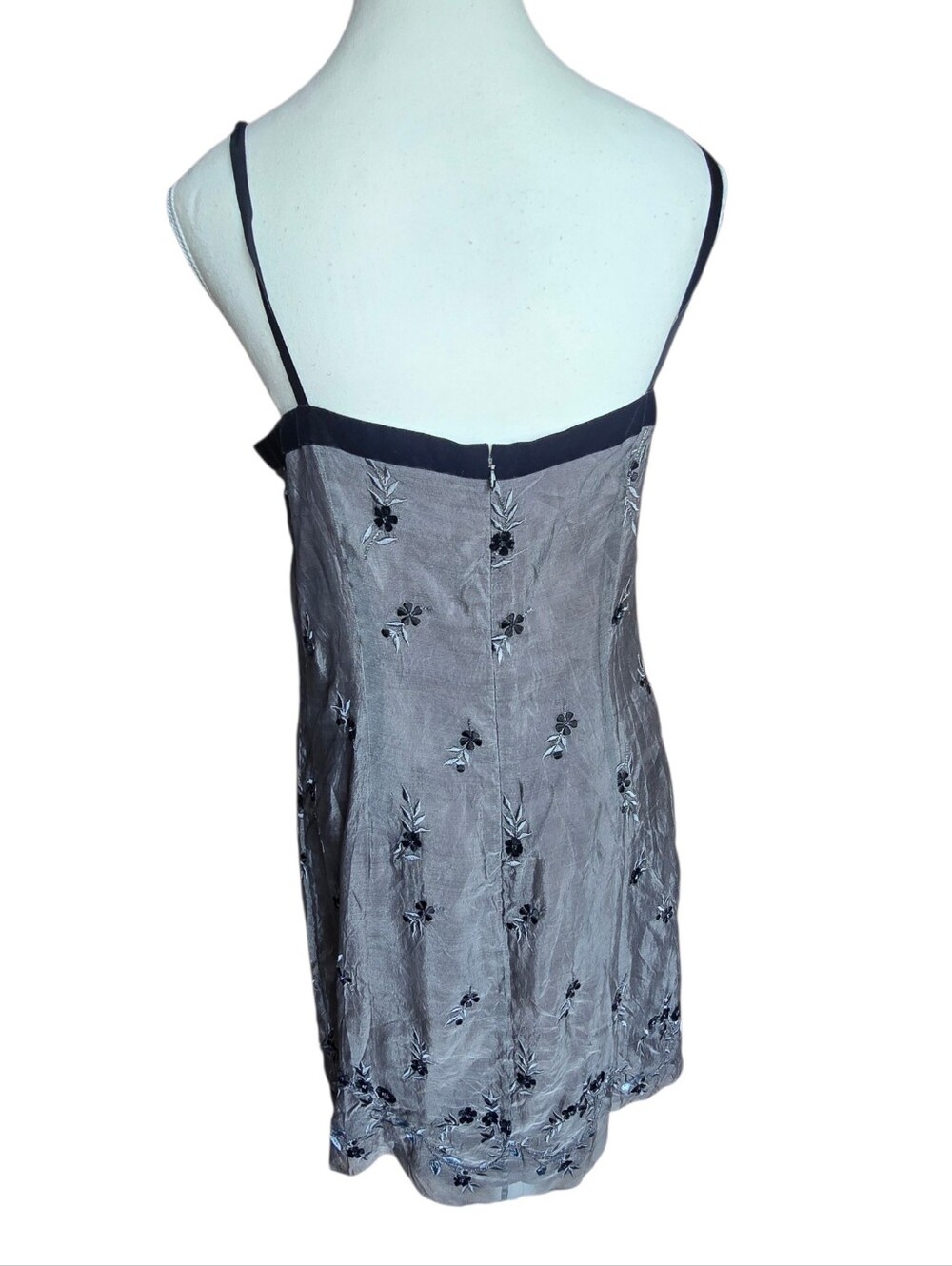 Vintage Ann Taylor Y2K 100% Silk Black Floral Embroidered Velvet Trim Dress 12 - Picture 8 of 9